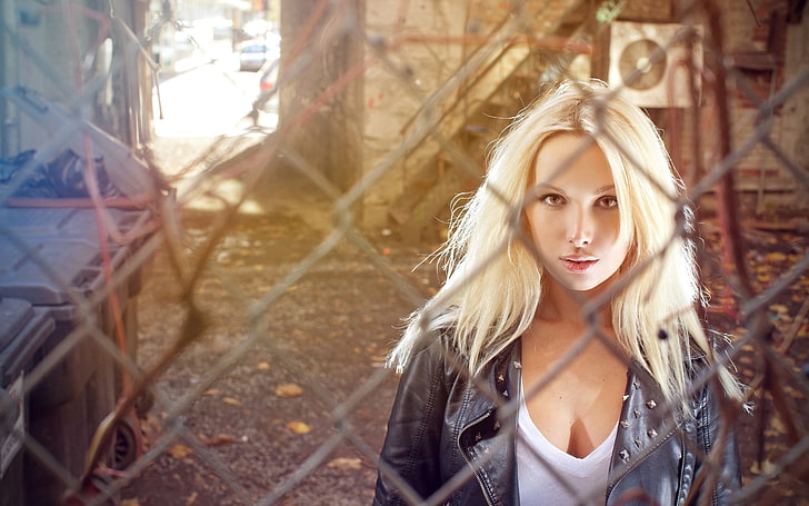 women, blonde, leather jackets, HD wallpaper