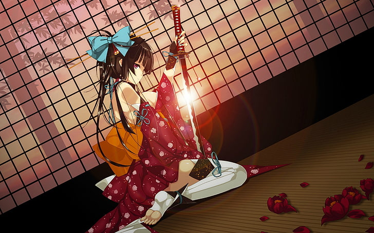 anime, anime girls, original characters, katana, sword, kimono, HD wallpaper