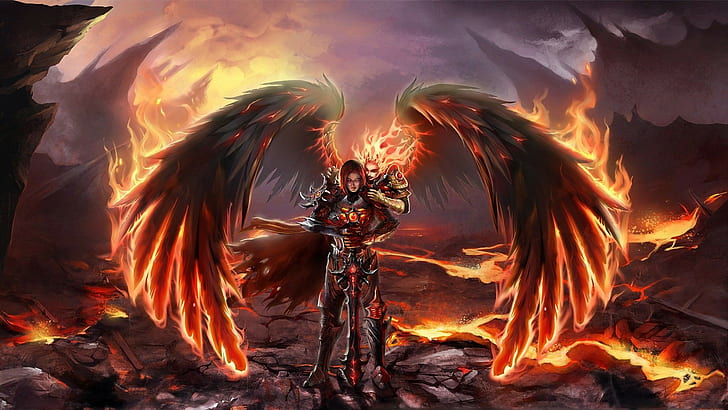 Heroes of Might and Magic VI, video games, fantasy girl, fantasy art, fire, wings, HD wallpaper