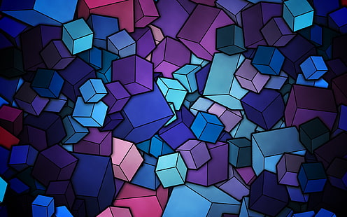 куб, цифровое искусство, синий, фиолетовый, HD обои HD wallpaper