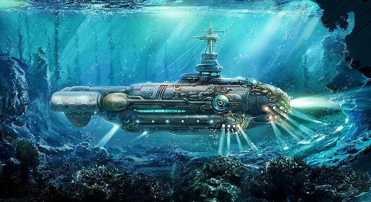 gray submarine illustration, oil, art, watercolor, pencil, Navy, painting, submarine, steampunk, gouache, wallpaper., nautilus, painting painting, world under water, twenty thousand leagues under the sea, ocean travel, HD wallpaper