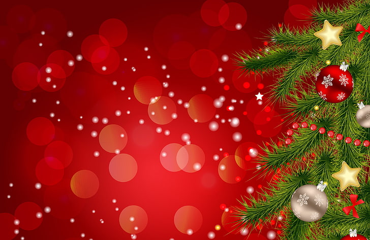 green christmas tree illustration, balls, decoration, holiday, tree, branch, New Year, Christmas, HD wallpaper