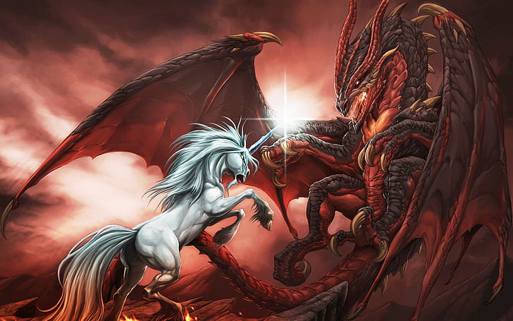 Airbrushing, animals, art, battle, CG, Cloud, digital, Dragons, fantasy, fight, fire, flames, fur, Horn, landscapes, Magic, Mane, mountains, mystical, mythical, paintings, red, situation, sky, Unicorn, war, wings, HD wallpaper