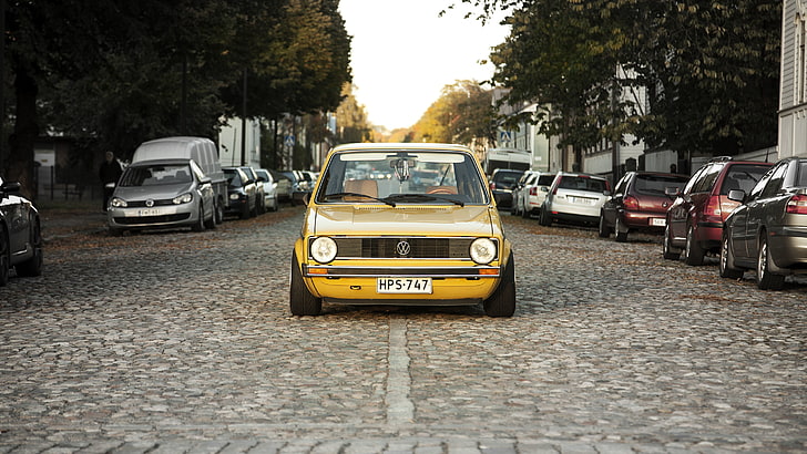 yellow vehicle, volkswagen, golf, mk1, yellow, front view, HD wallpaper
