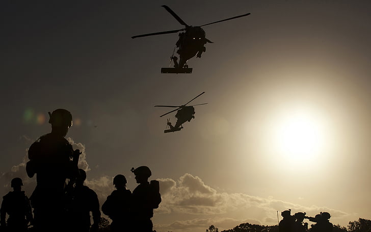helicopters, military, silhouette, soldiers, sunlight, HD wallpaper