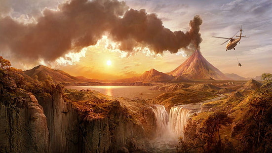 Erupting volcano, volcano and waterfalls photo, fantasy, 1920x1080, helicopter, waterfall, smoke, lake, volcano, HD wallpaper HD wallpaper