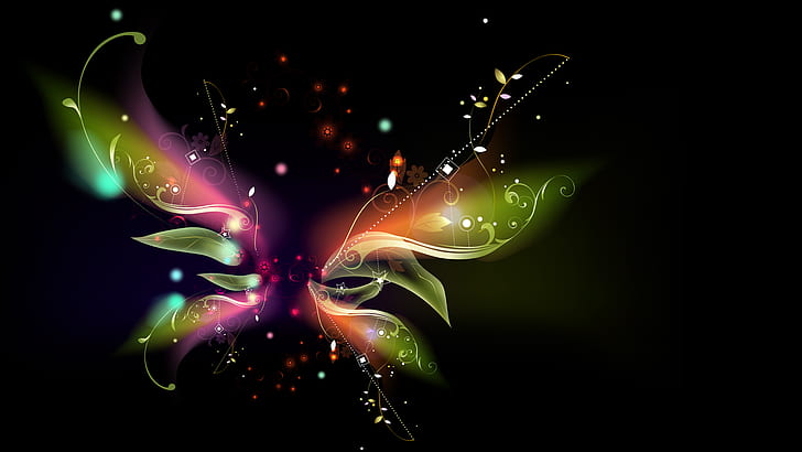 abstract, vector, black background, butterfly, digital art, shapes, simple background, leaves, HD wallpaper