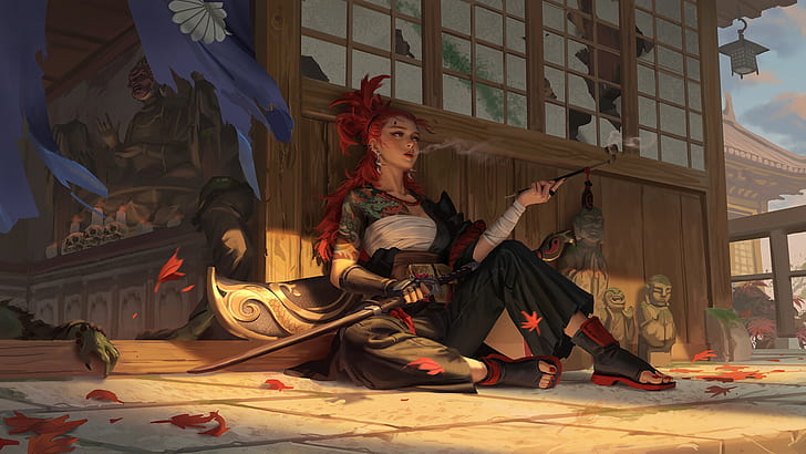 Фантазия, жени войн, азиатка, момиче, червена коса, меч, татуировка, жена воин, HD тапет