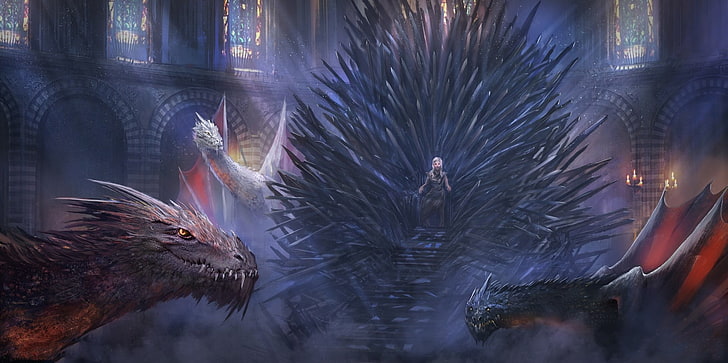 black dragon illustration, fantasy art, Game of Thrones, Daenerys Targaryen, Iron Throne, HD wallpaper