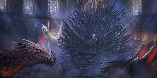 svart drakeillustration, fantasikonst, Game of Thrones, Daenerys Targaryen, Iron Throne, HD tapet HD wallpaper