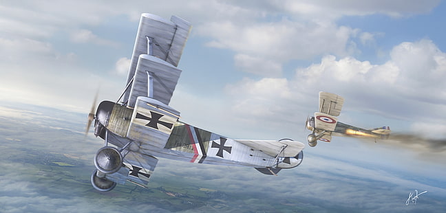 dua biplanes wallpaper digital, langit, penerbangan, seni, Inggris, Jerman, pesawat, pertempuran udara, perang dunia pertama, Wallpaper HD HD wallpaper