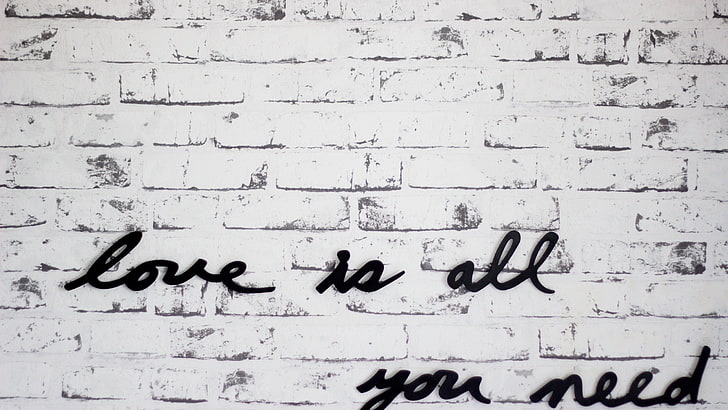 black, bricks, love, Lyrics, monochrome, music, quote, text, The Beatles, walls, white, HD wallpaper