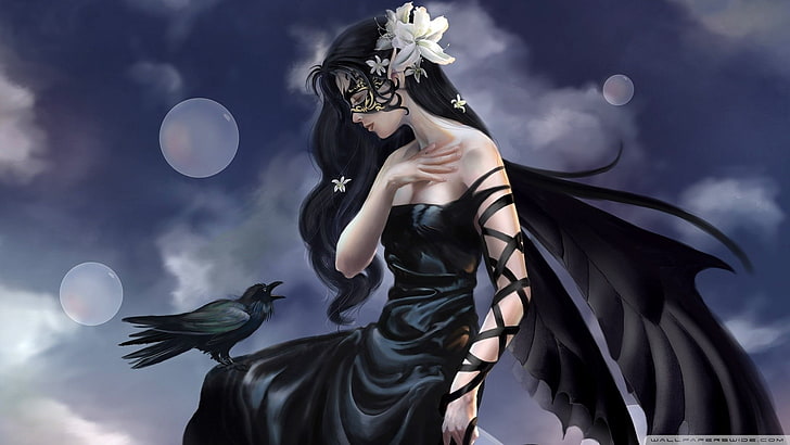 mujer, alas, cuervo, máscara, vestido negro, Fondo de pantalla HD