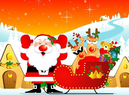 サンタクロース、トナカイ、そり、ギフト、家、休日、クリスマス、サンタクロース、トナカイ、そり、ギフト、家、休日、クリスマス、 HDデスクトップの壁紙 HD wallpaper