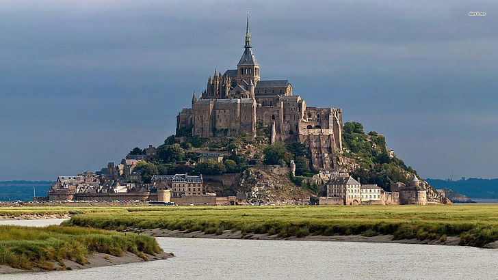 brown and blue concrete castle, castle, landscape, Mont Saint-Michel, building, France, medieval, plains, church, Abbey, HD wallpaper