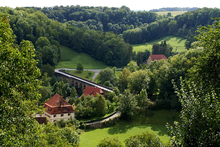 green leaves tree, road, greens, forest, grass, trees, bridge, home, Germany, Bayern, river, the view from the top, Rothenburg, HD wallpaper