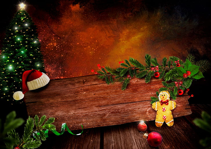 Holiday, Christmas, Christmas Ornaments, Christmas Tree, Cookie, Gingerbread, Santa Hat, Still Life, HD wallpaper