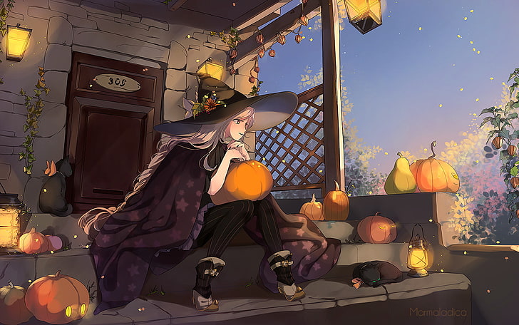 Anime, Original, Girl, Halloween, Original (Anime), Pumpkin, HD wallpaper