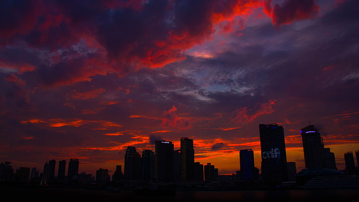 sky, skyline, afterglow, cityscape, red sky, city, sunset, silhouette, red clouds, cloud, darkness, dusk, HD wallpaper