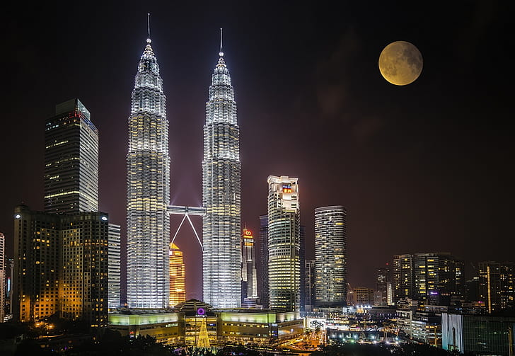 notte, città, luna, Malesia, Kuala Lumpur, Sfondo HD