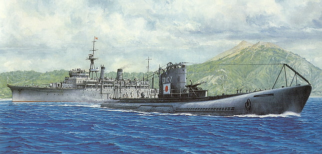 Iwo Jima, submarine, supply ship, Japan, military, warship, artwork, HD wallpaper HD wallpaper