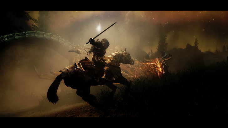 swordsman riding horse fighting dragon wallpaper screenshot, The Elder Scrolls, The Elder Scrolls V: Skyrim, HD wallpaper