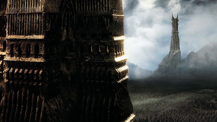 갈색 콘크리트 건물, 영화, 반지의 제왕, 반지의 제왕 : 두 개의 탑, Orthanc, Barad-dûr, HD 배경 화면