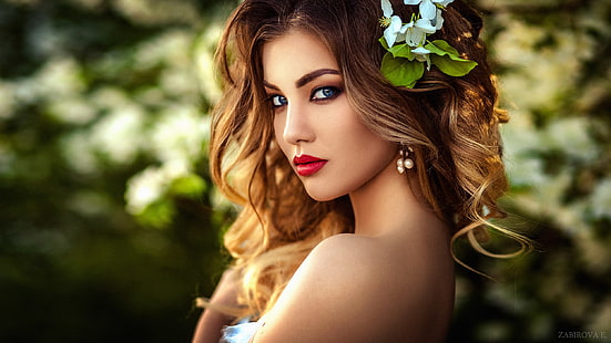 Anastasia Frolova, women, blonde, depth of field, portrait, blue eyes, red lipstick, HD wallpaper HD wallpaper