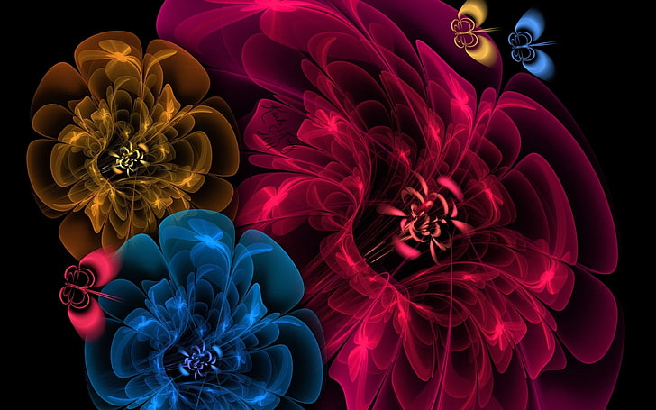 rote, blaue und rosa Blumenmalerei, Blumen, Schleier, Hintergrund, dunkel, HD-Hintergrundbild