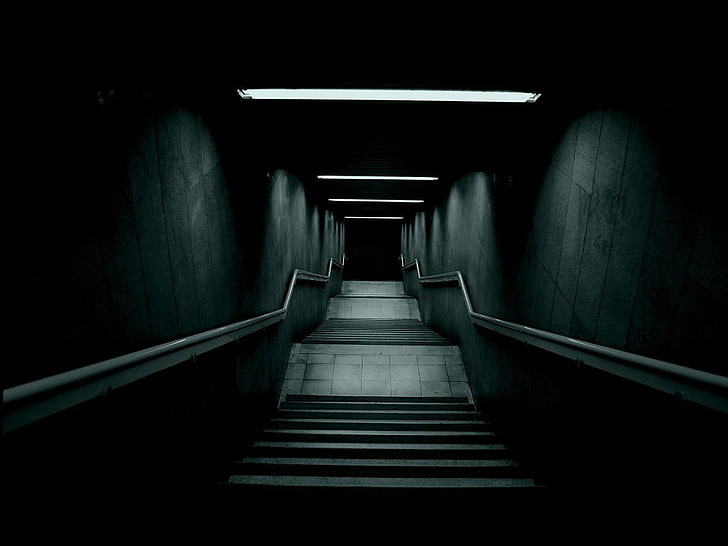 black and gray metal frame, stairs, lights, dark, HD wallpaper