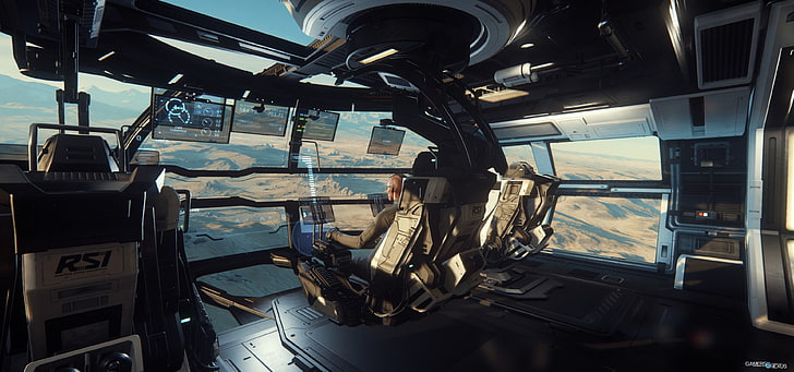 interior kapal perang hitam, fiksi ilmiah, Bintang Citizen, permainan video, game PC, Constellation Aquila, Wallpaper HD