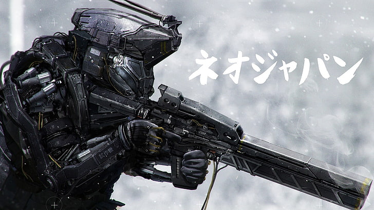 personagem de videogame, futurista, militar, arte digital, arma, soldado, trabalho artístico, robô, ciborgue, neo Japão 2202, HD papel de parede