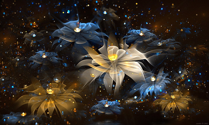 white and multicolored flowers painting, abstract, fractal, flowers, fractal flowers, HD wallpaper