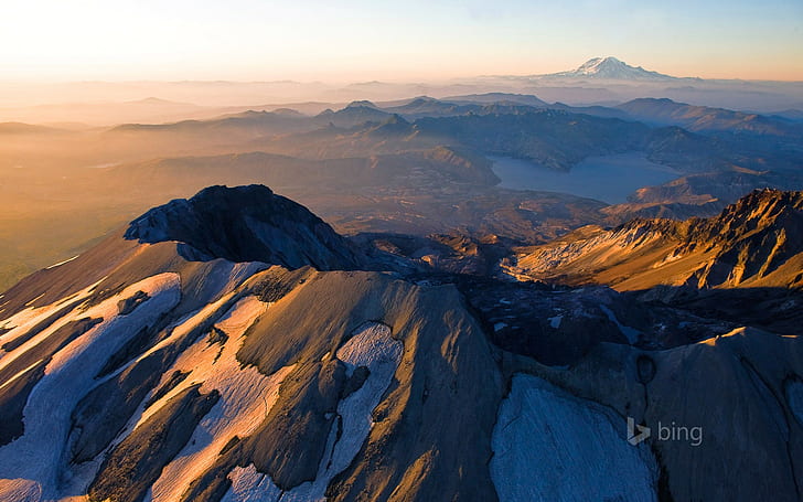 Mount St.Helens, Waszyngton, czarny krater górski w pobliżu jeziora, USA, Waszyngton, krajobraz, świt, jezioro, Mount St.Helens, Tapety HD