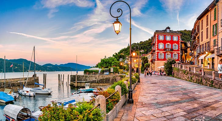 building, home, yachts, lights, Italy, boats, promenade, harbour, Maggiore, Lake Maggiore, Cannobio, HD wallpaper