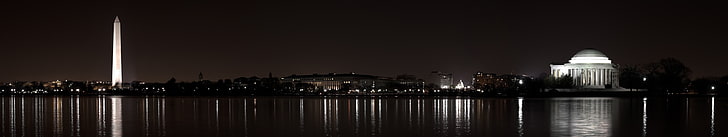 corpo de água, cidade, noite, Washington, D.C., EUA, exibição múltipla, tela tripla, HD papel de parede