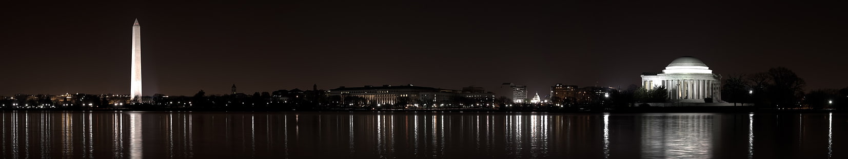 corpo de água, cidade, noite, Washington, D.C., EUA, exibição múltipla, tela tripla, HD papel de parede HD wallpaper