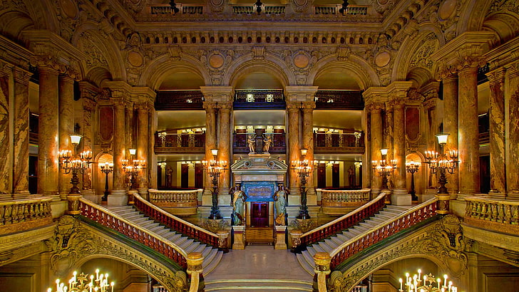 коричневая лестница в зале, Франция, Париж, лестница, сцена, театр, зал, дворец Гарнье, Гранд Опера, HD обои