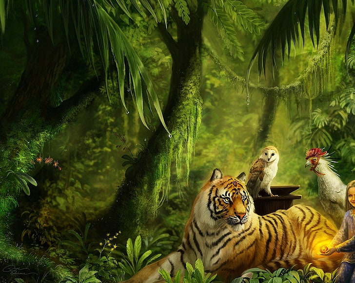 brown tiger wallpaper, Cats, Tiger, Owl, HD wallpaper