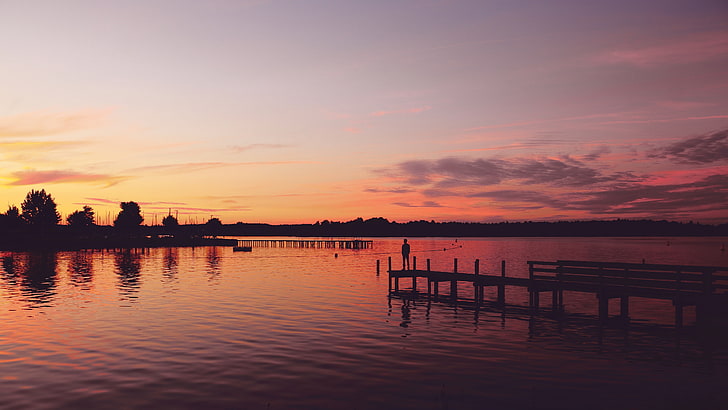 Pier, Sonnenuntergang, See, Wasser, Abend, Ruhe, Orange, HD-Hintergrundbild