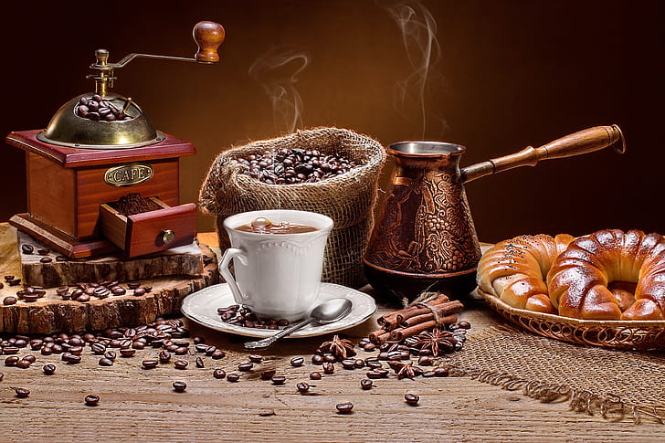 caffè, grano, tazza, panino, turco, macinacaffè, Sfondo HD