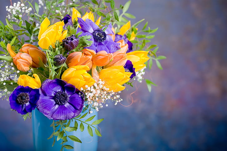 Blumen, Strauß, Tulpen, Vase, Anemonen, HD-Hintergrundbild