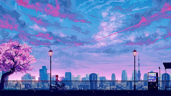 sky, pink, evening, spring, city, anime art, street lihjts, sakura, anime city, HD wallpaper