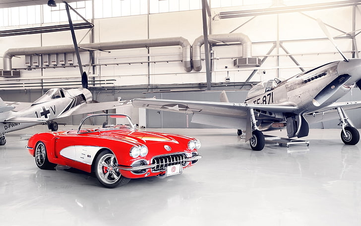 red and white Chevrolet Corvette C1 convertible coupe, red, tuning, hangar, Chevrolet, drives, classic, the front, aircraft, custom, Corvette, 1959, by pogea racing, HD wallpaper