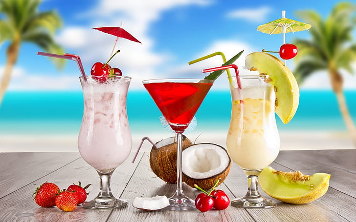 Cocktails exóticos de verão, bebida, pina colada, morango, coco, HD papel de parede