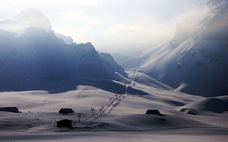 fotografia, krajobraz, przyroda, zima, śnieg, kolejki linowe, dom, narty, wyciągi narciarskie, wyciąg narciarski, góry, Tapety HD