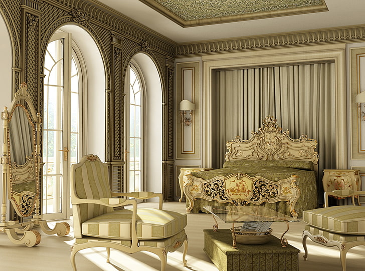 Chambre à coucher classique de luxe, ensemble de meubles de chambre à coucher en bois blanc, architecture, classique, luxe, chambre à coucher, Fond d'écran HD