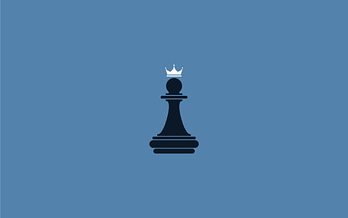син фон, минимализъм, пионки, шах, корона, HD тапет HD wallpaper