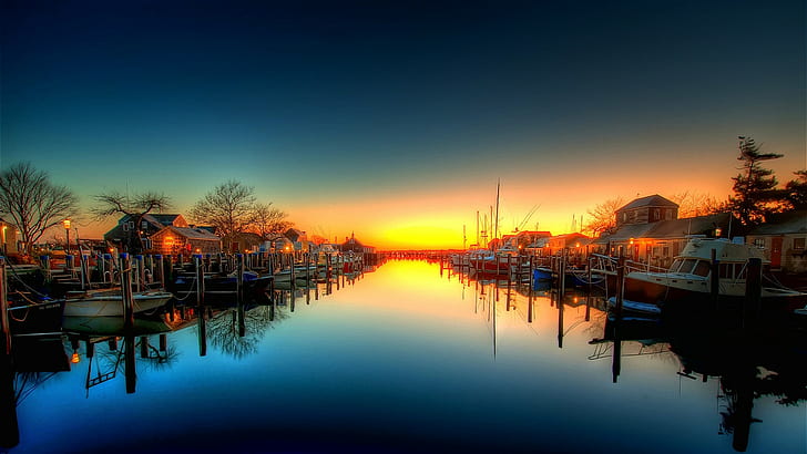 HDR Sunset Harbor Boats Reflection HD, nature, sunset, reflection, hdr, boats, harbor, HD wallpaper