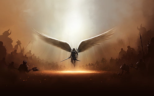 man with sword and wings illustration, artwork, wings, angel, Diablo, Diablo III, HD wallpaper HD wallpaper